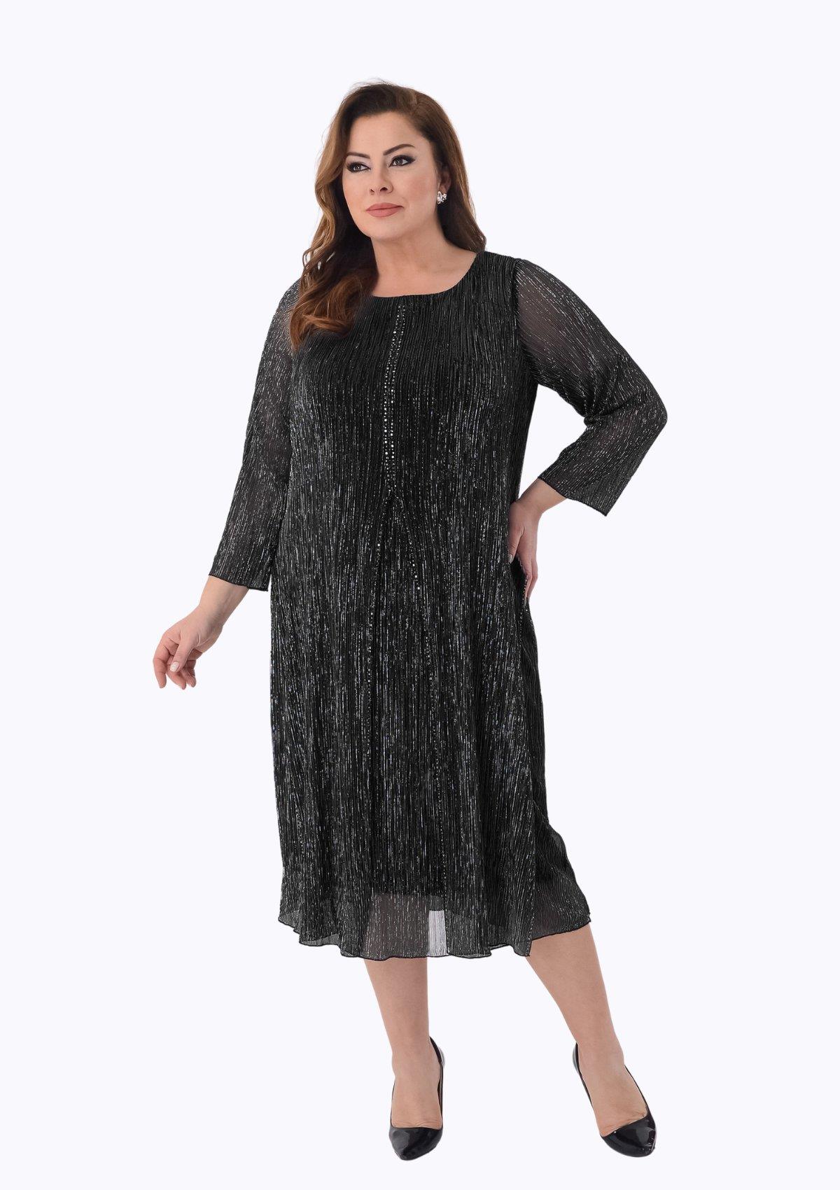 2525 Büyük Beden Jakarlı Pliseli Taş Detay Midiboy Elbise