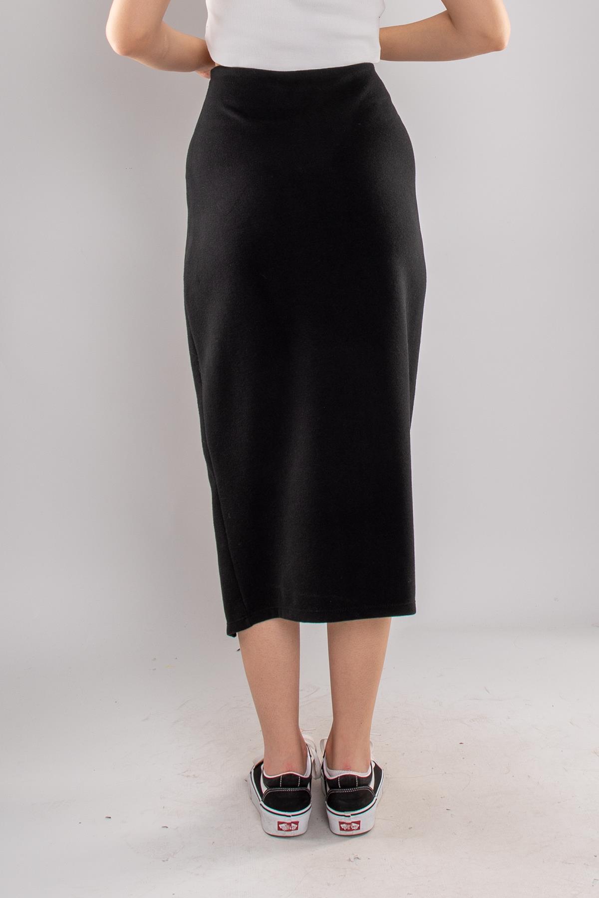 2710 Yanı Yırtmaçlı Süet Kumaş Midiboy Kadın Çan Etek