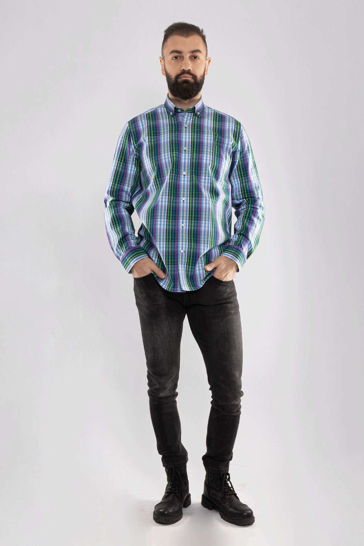 2725 VİP Minik Kareli Uzun Kol Gömlek