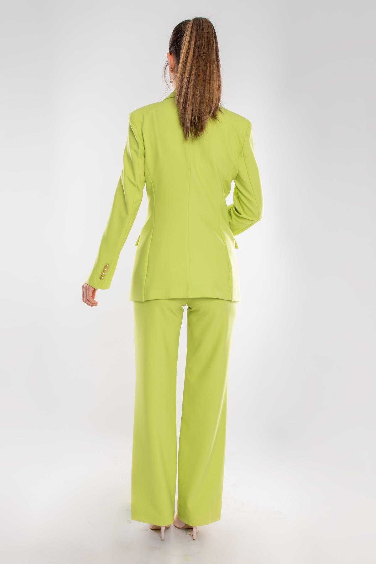 2927 Gold Düğme Ceketli Palazzo Pantolon Krep İkili Takım