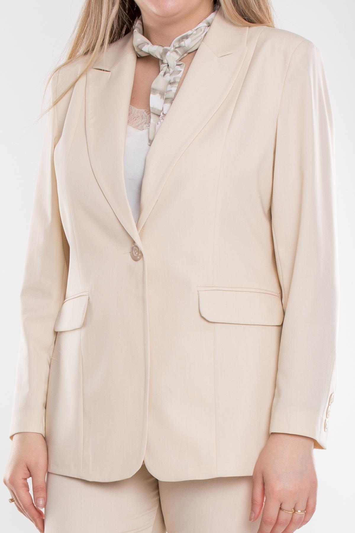 2930 Büyük Beden Tek Düğme Fularlı Pantolonlu İkili Krep Takım