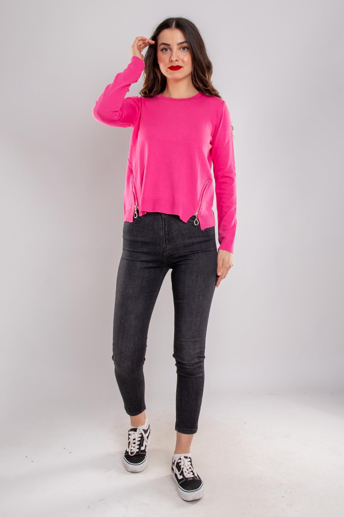 296 Bisiklet Yaka Yanları Fermuarlı Kadın Triko