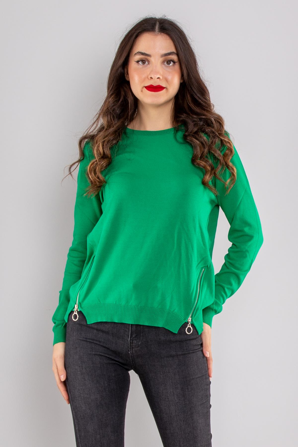 296 Bisiklet Yaka Yanları Fermuarlı Kadın Triko