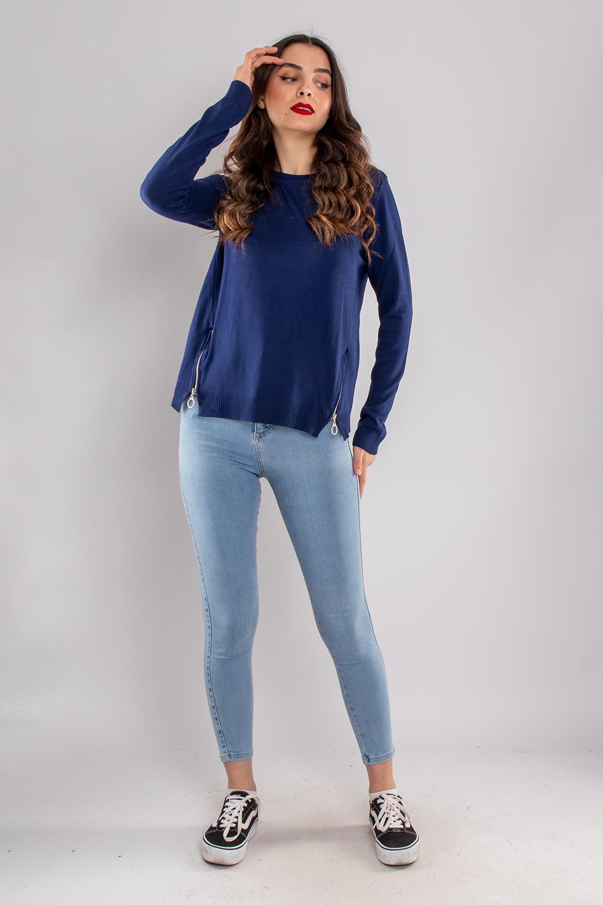 296 Bisiklet Yaka Yanları Fermuarlı Kadın Triko