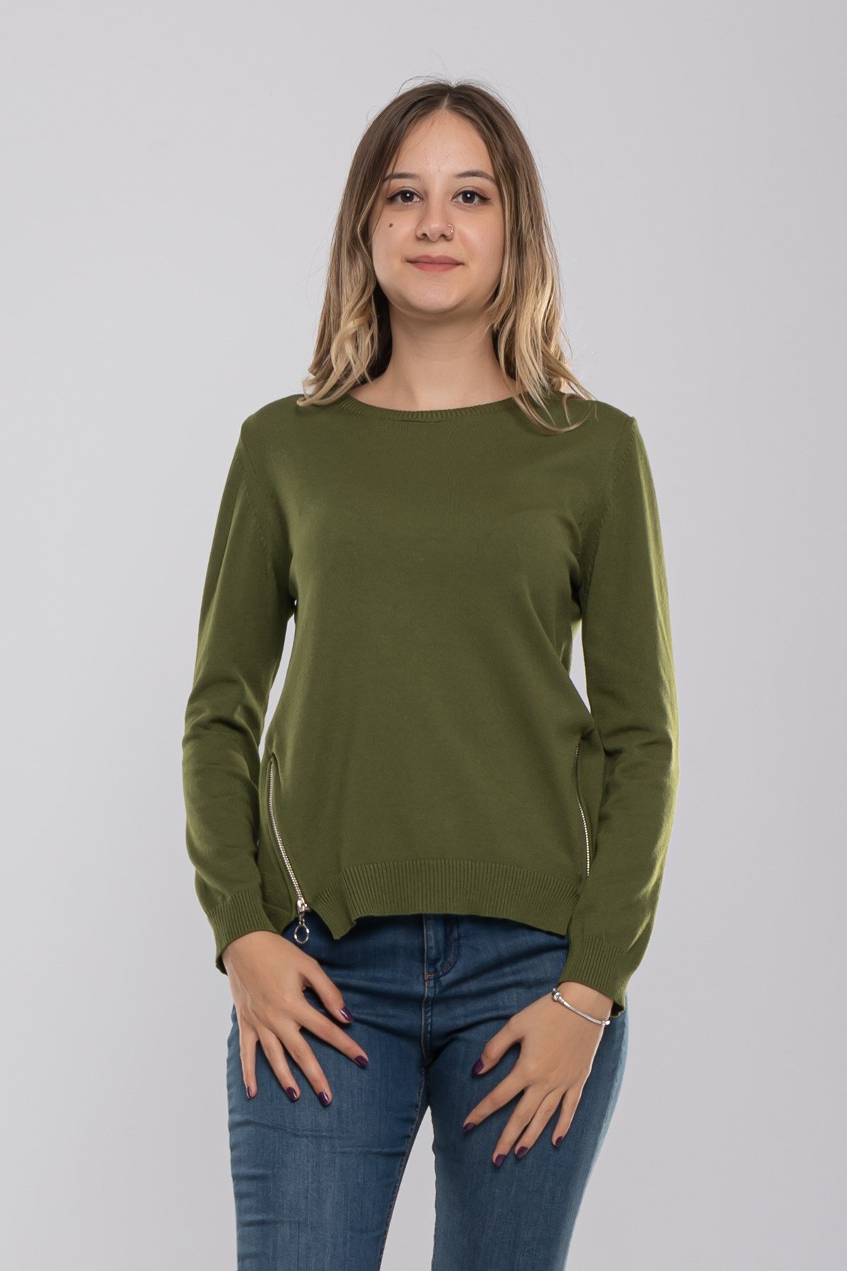 296 Bisiklet Yaka Yanları Fermuarlı Triko