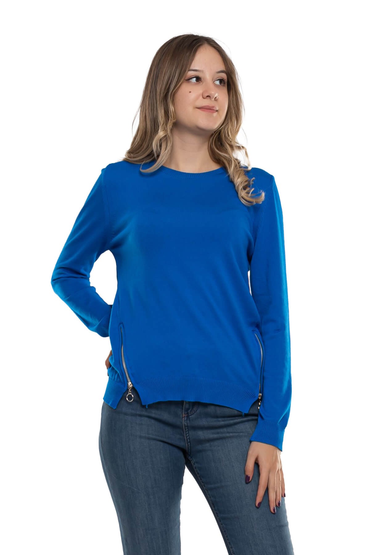 296 Bisiklet Yaka Yanları Fermuarlı Triko