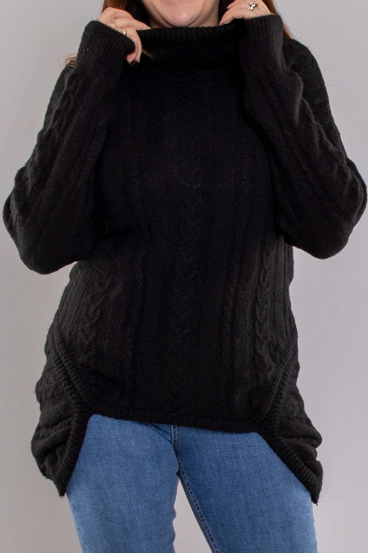 2IZ02 İzmir Saç Örgü Eteği Detaylı Balıkçı Yaka Kazak