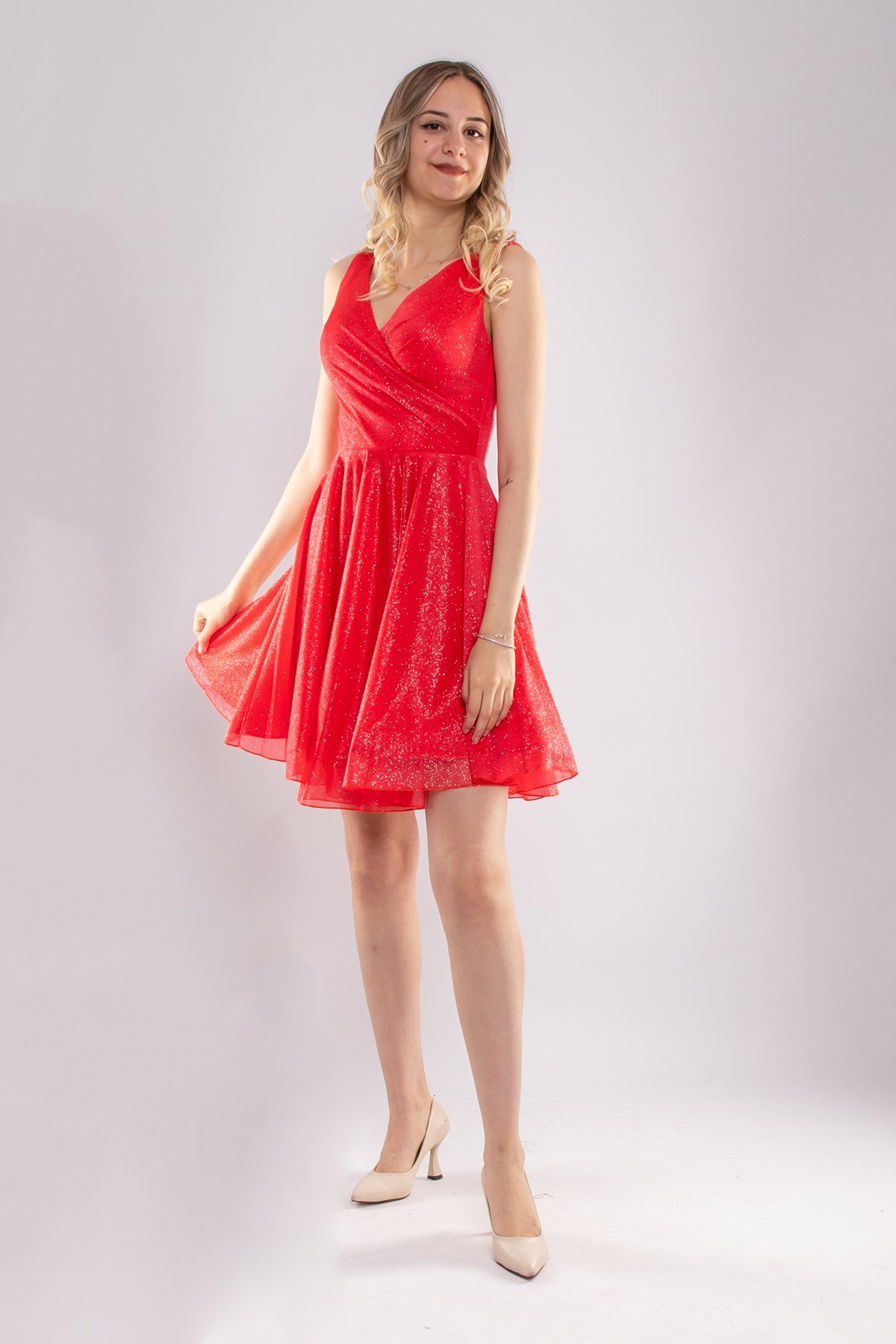 3012 Kruvaze Yaka Çan Etek Simli Kısa Abiye Elbise