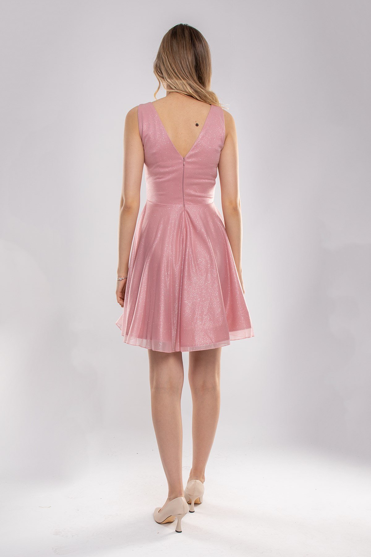 3012 Kruvaze Yaka Çan Etek Simli Kısa Abiye Elbise