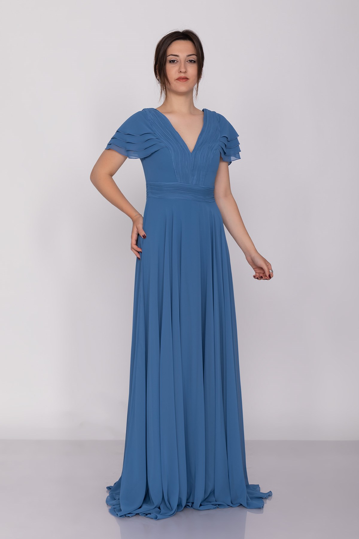 3022 Yaka Bel İnce Drape Mendil Kol Şifon Uzun Abiye