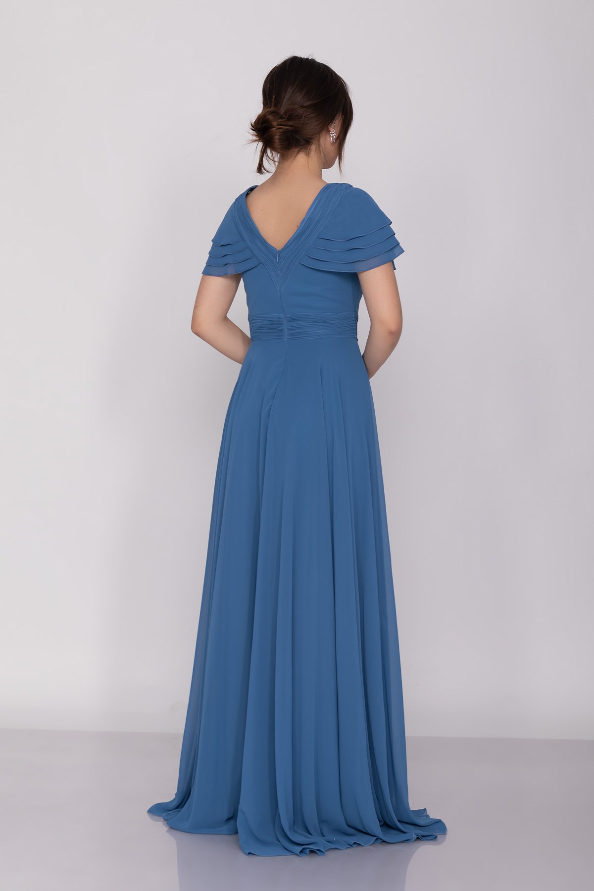 3022 Yaka Bel İnce Drape Mendil Kol Şifon Uzun Abiye