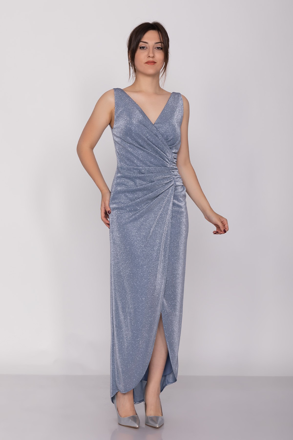 3032 Kruvaze Yaka Beli Drapeli Eteği Asimetrik Sim Abiye