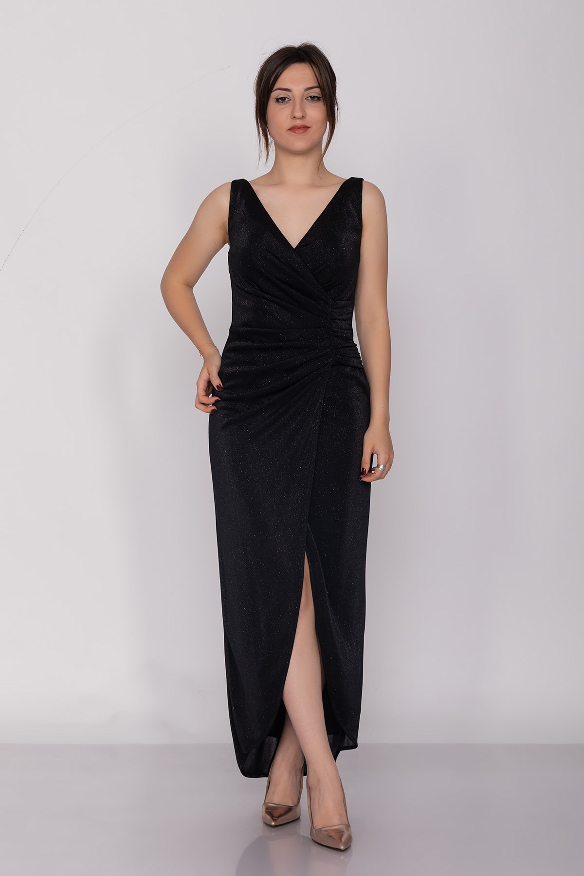 3032 Kruvaze Yaka Beli Drapeli Eteği Asimetrik Sim Abiye