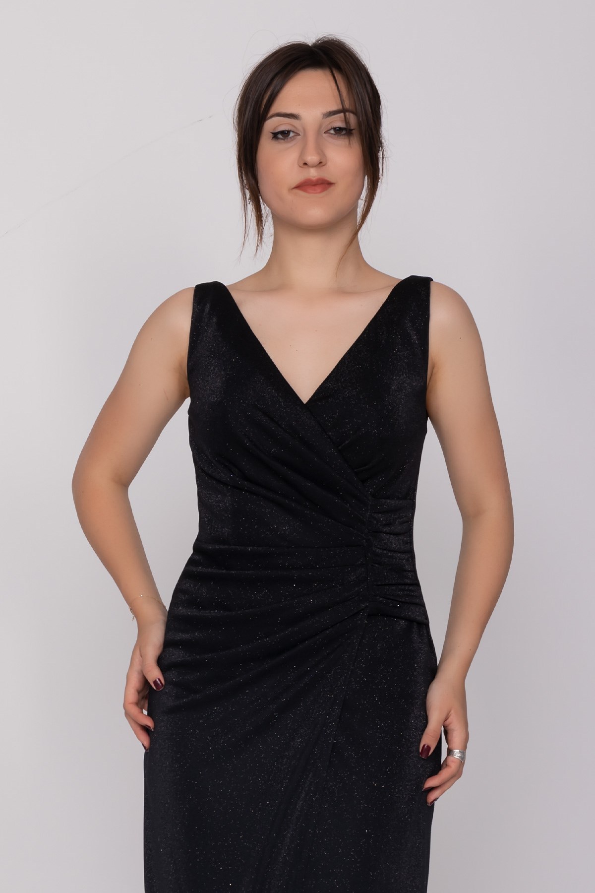 3032 Kruvaze Yaka Beli Drapeli Eteği Asimetrik Sim Abiye