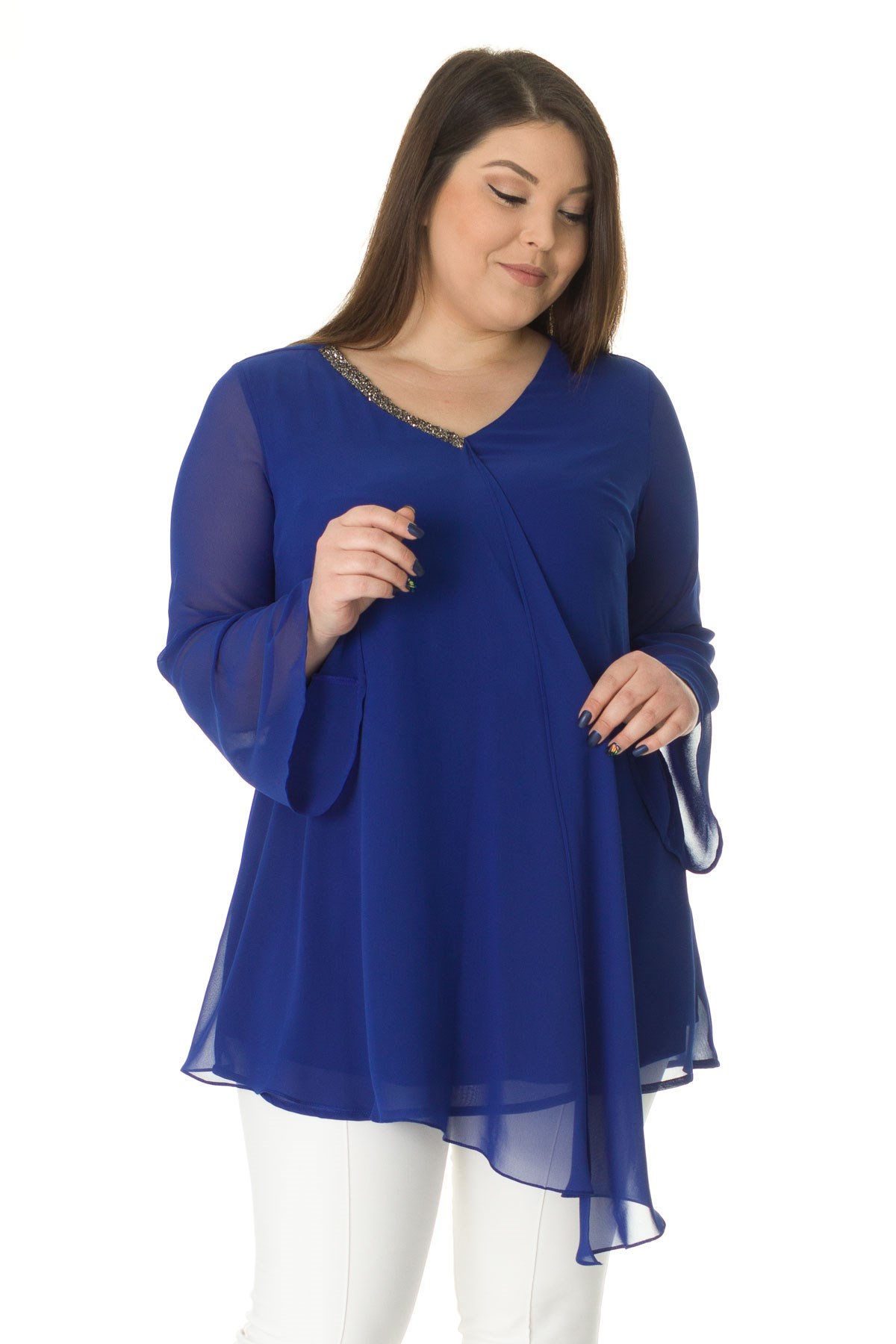 304 BB V Yaka Patı Taşlı Şifon Tunik