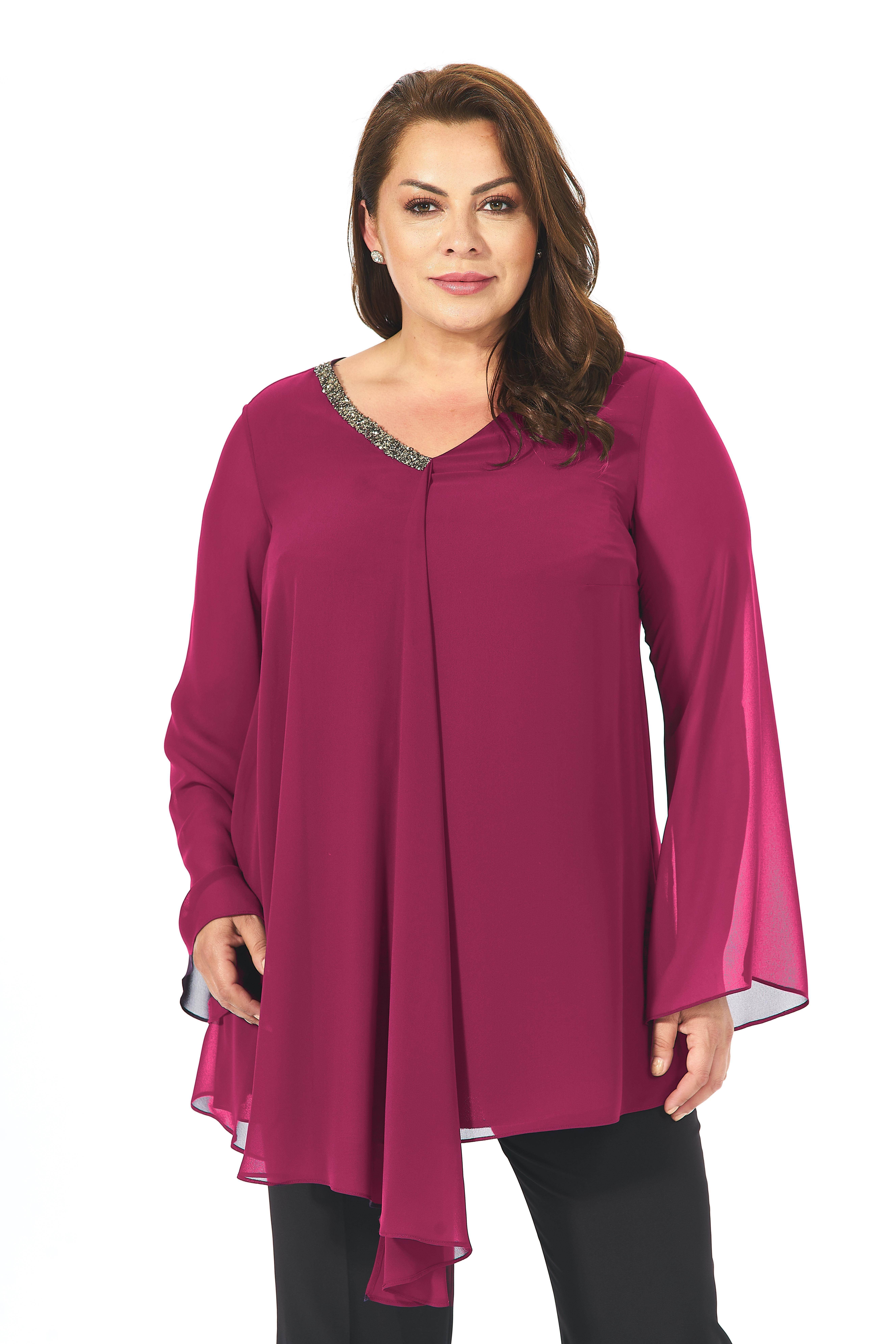 304 Büyük Beden VYaka Patı Taşlı Şifon Tunik