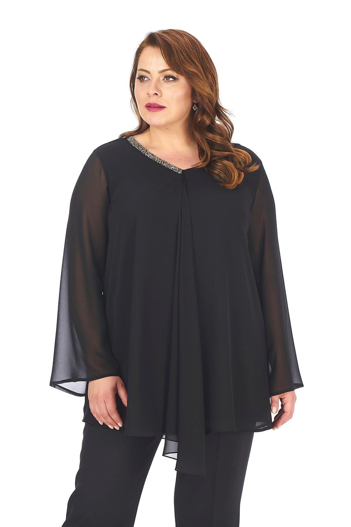 304 Büyük Beden VYaka Patı Taşlı Şifon Tunik