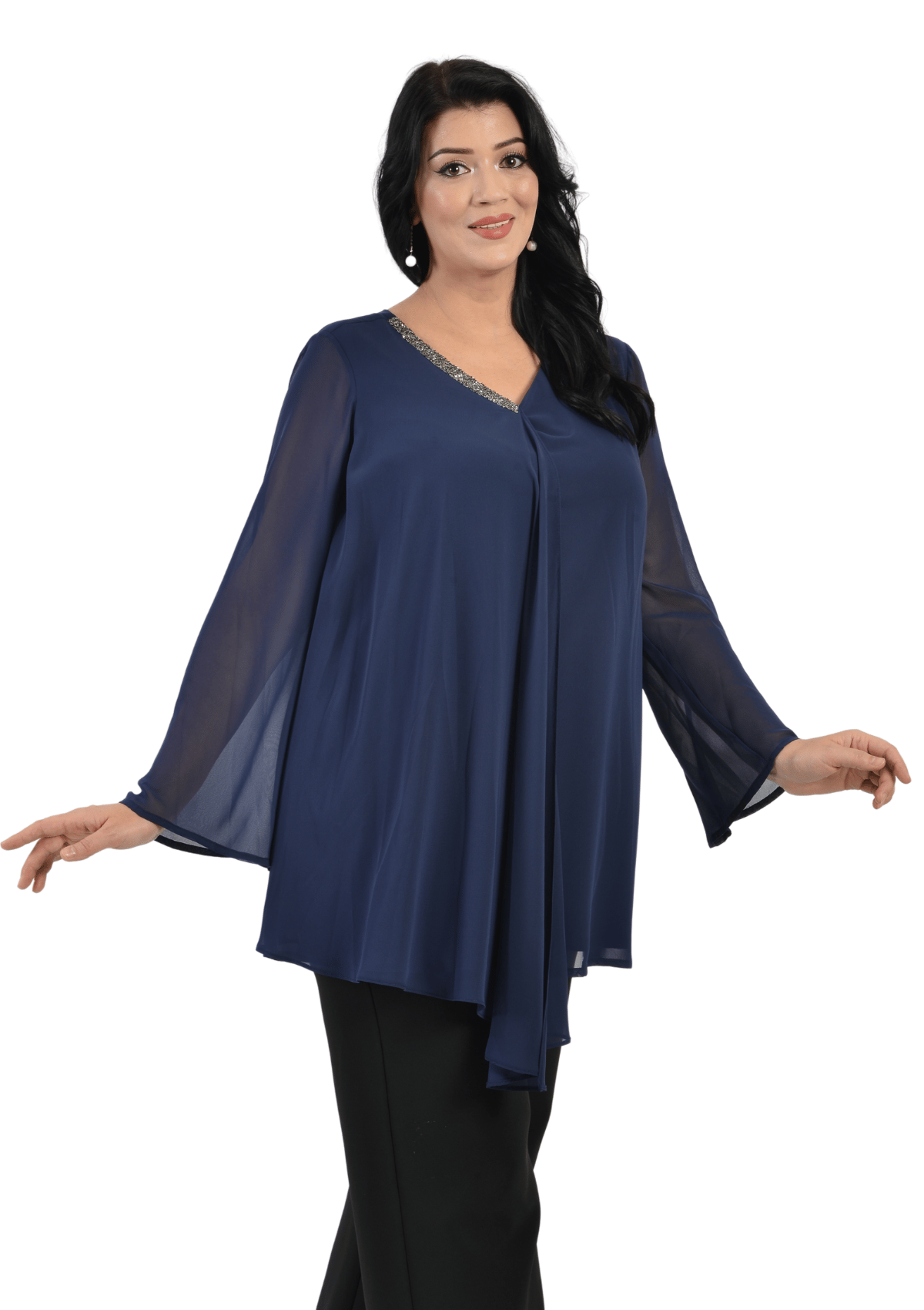 304 Büyük Beden VYaka Patı Taşlı Şifon Tunik