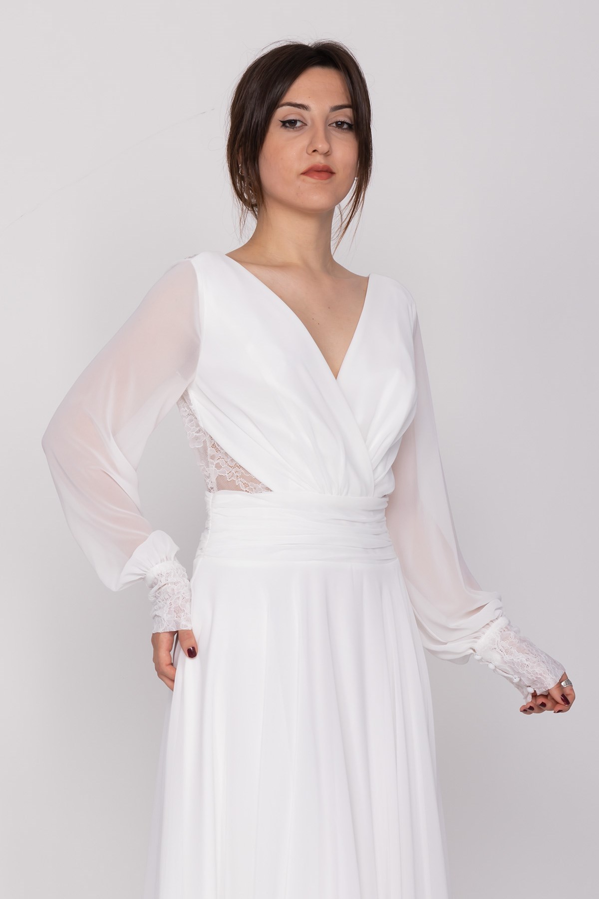 3043 Kruvaze Yaka Bel Sırt Dantel Uzun Kol Şifon Midiboy Elbise