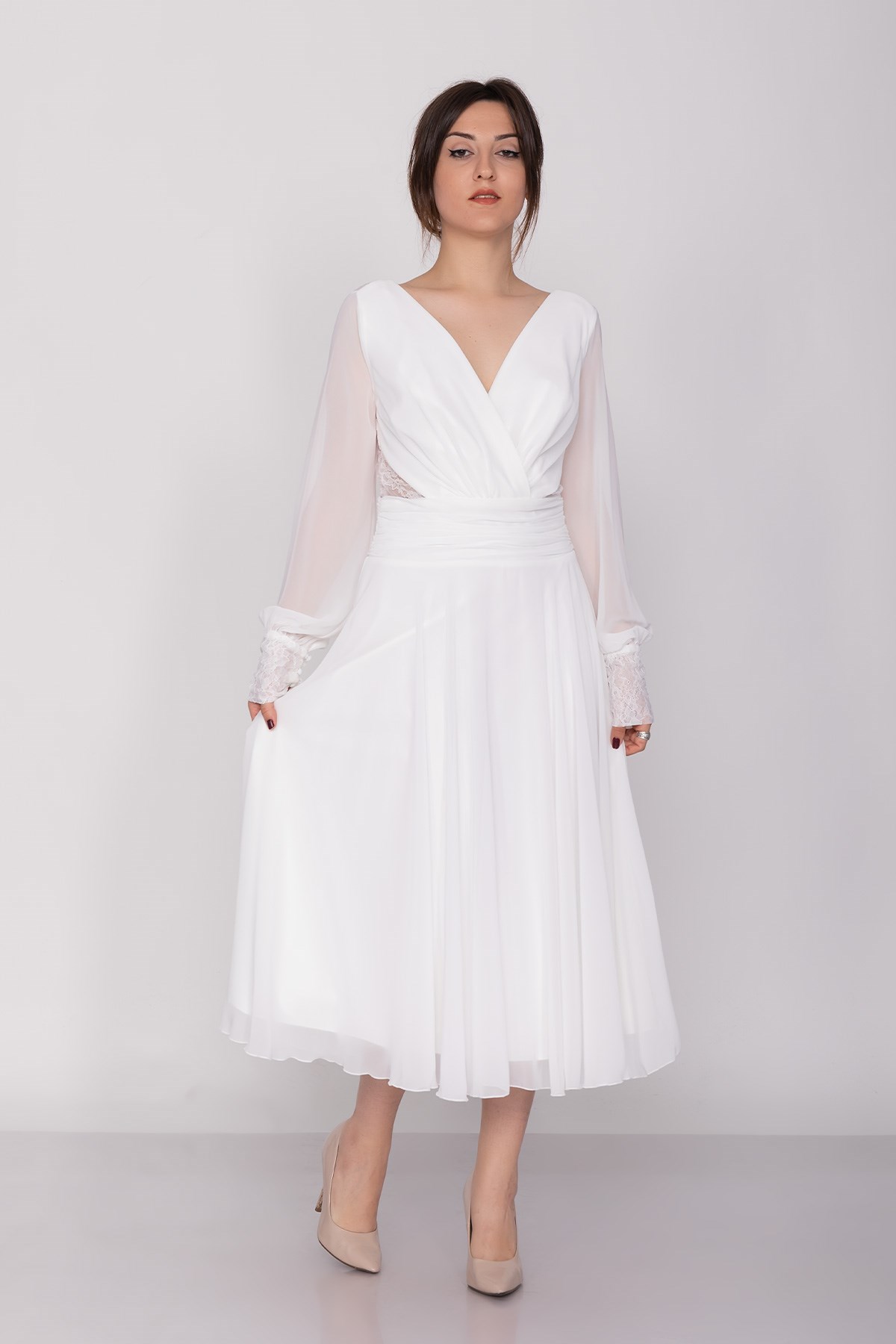 3043 Kruvaze Yaka Bel Sırt Dantel Uzun Kol Şifon Midiboy Elbise