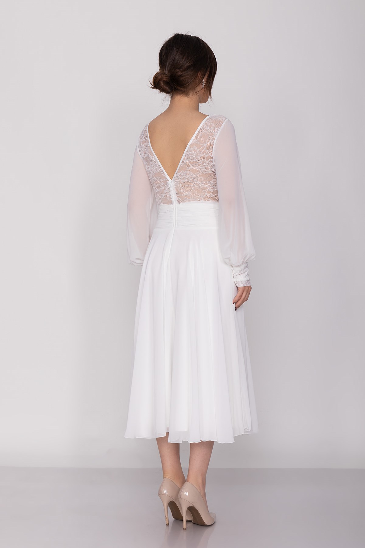 3043 Kruvaze Yaka Bel Sırt Dantel Uzun Kol Şifon Midiboy Elbise