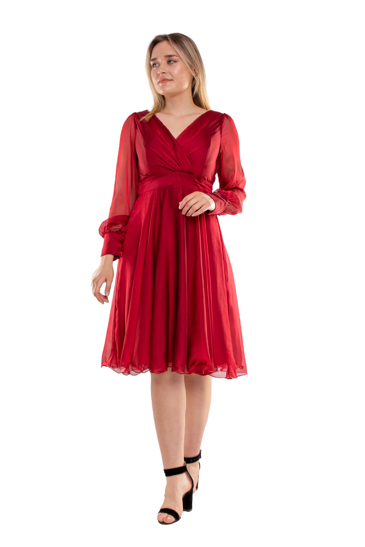 3050 Büyük Beden İpek Saten Kruvaze Yaka Uzun Tül Kol Kısa Kloş Elbise