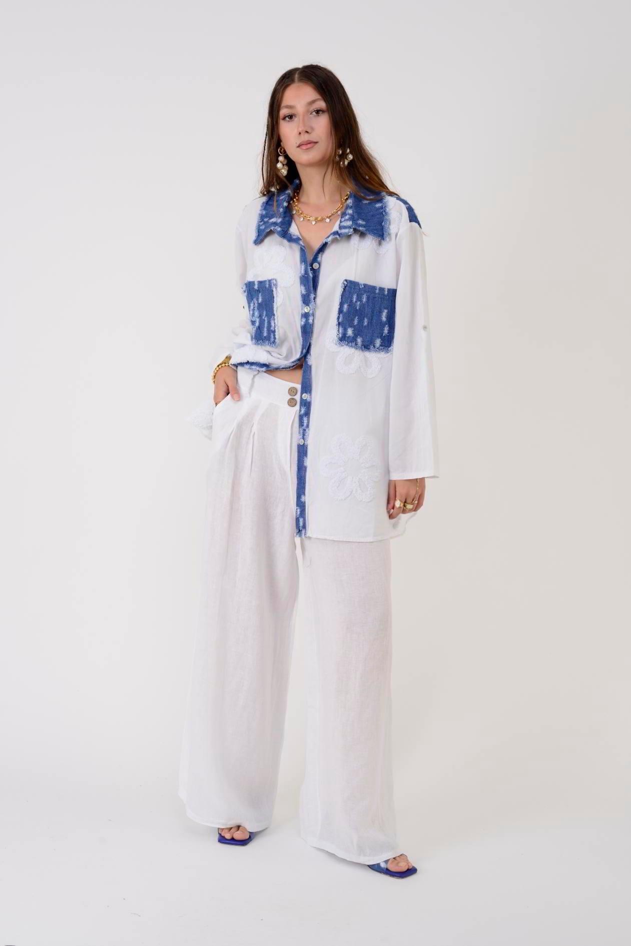 30550 Düz Desen Düğme Detaylı Keten Pantolon