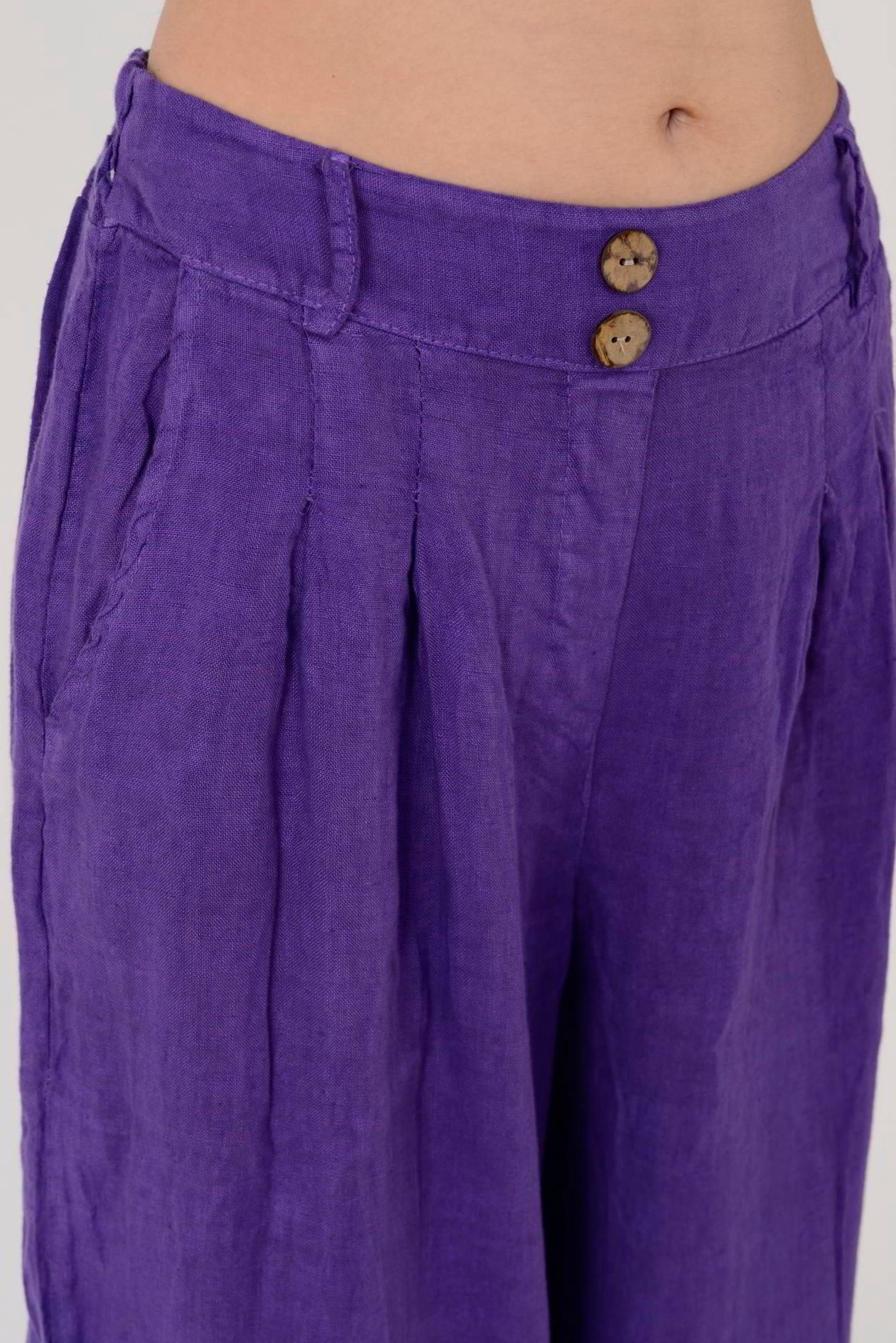 30550 Düz Desen Düğme Detaylı Keten Pantolon