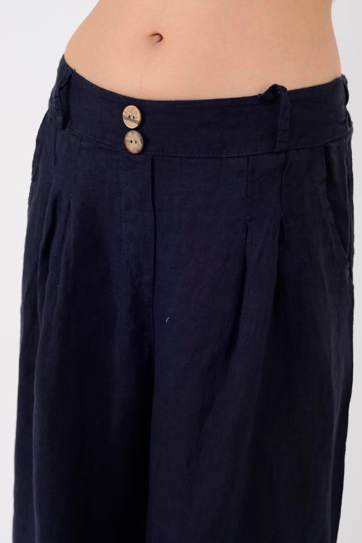 30550 Düz Desen Düğme Detaylı Keten Pantolon