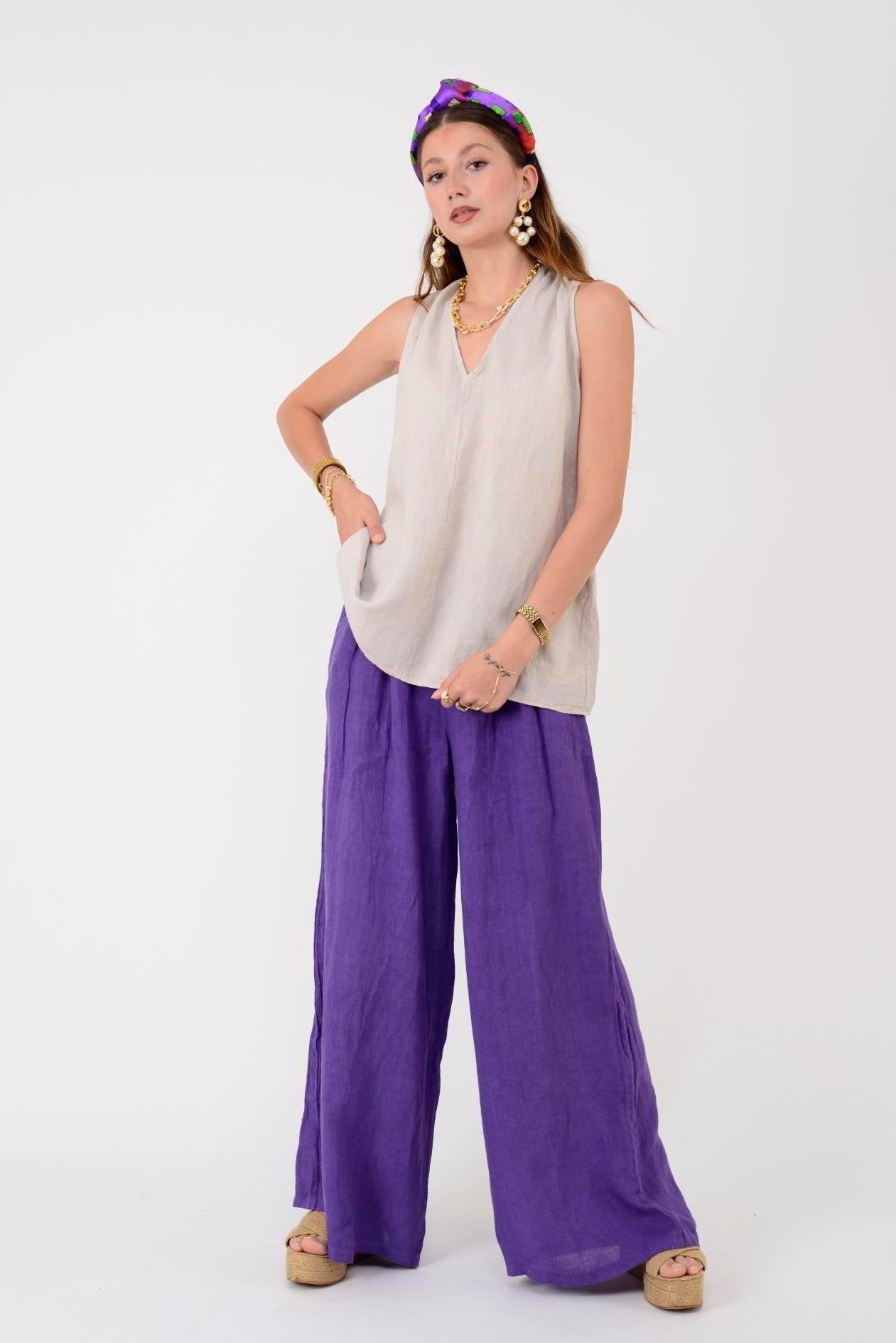 30550 Düz Desen Düğme Detaylı Keten Pantolon