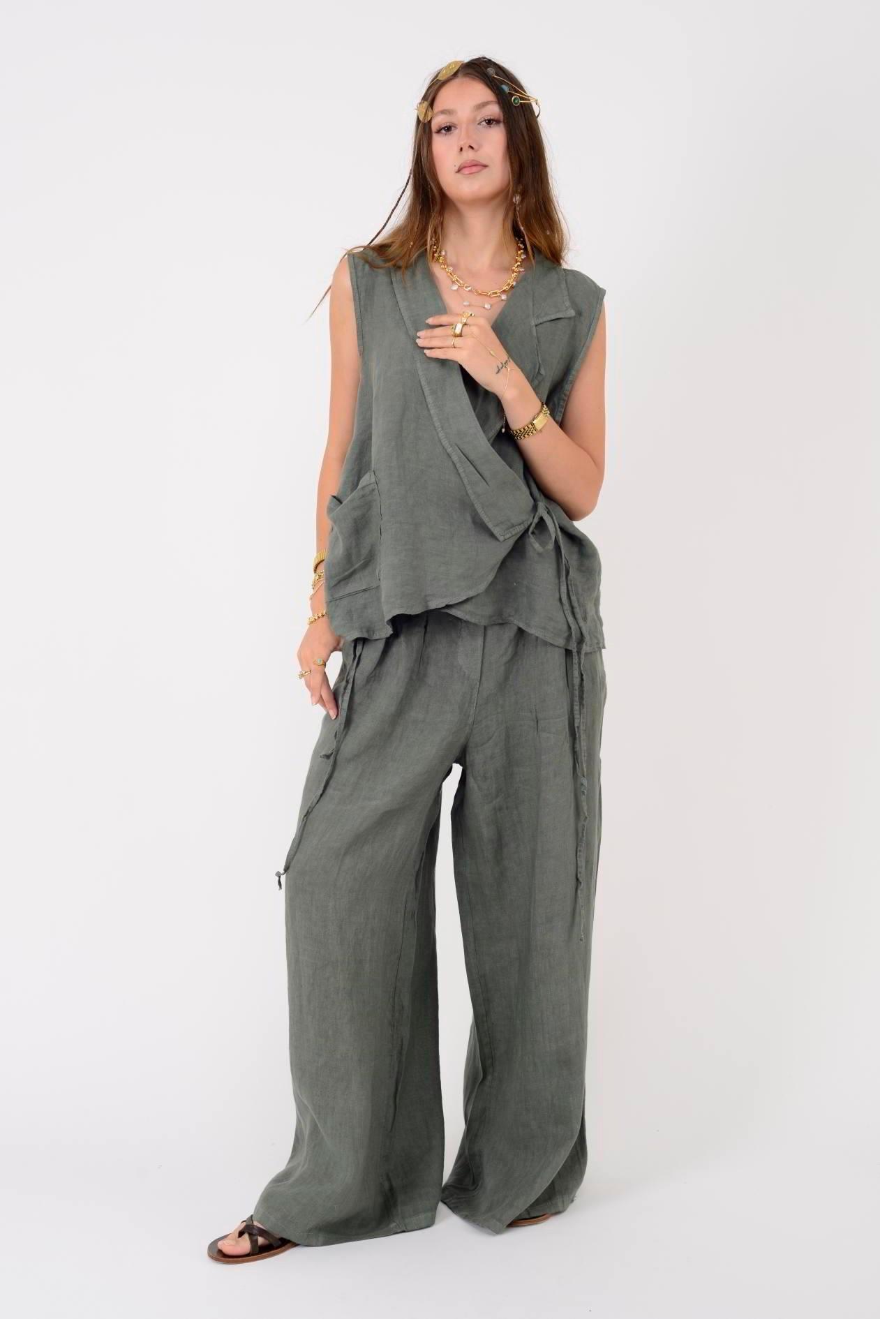 30550 Düz Desen Düğme Detaylı Keten Pantolon