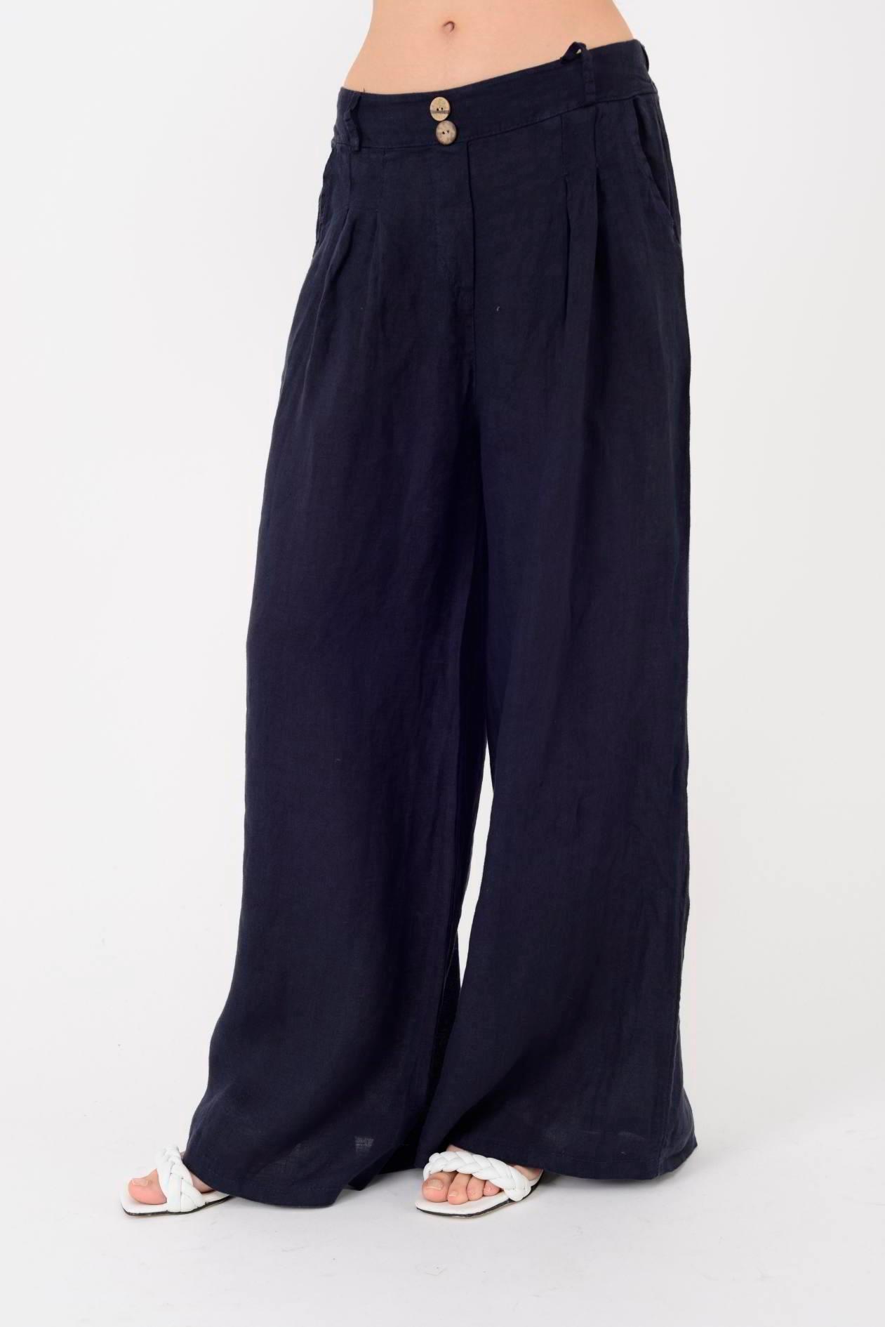 30550 Düz Desen Düğme Detaylı Keten Pantolon