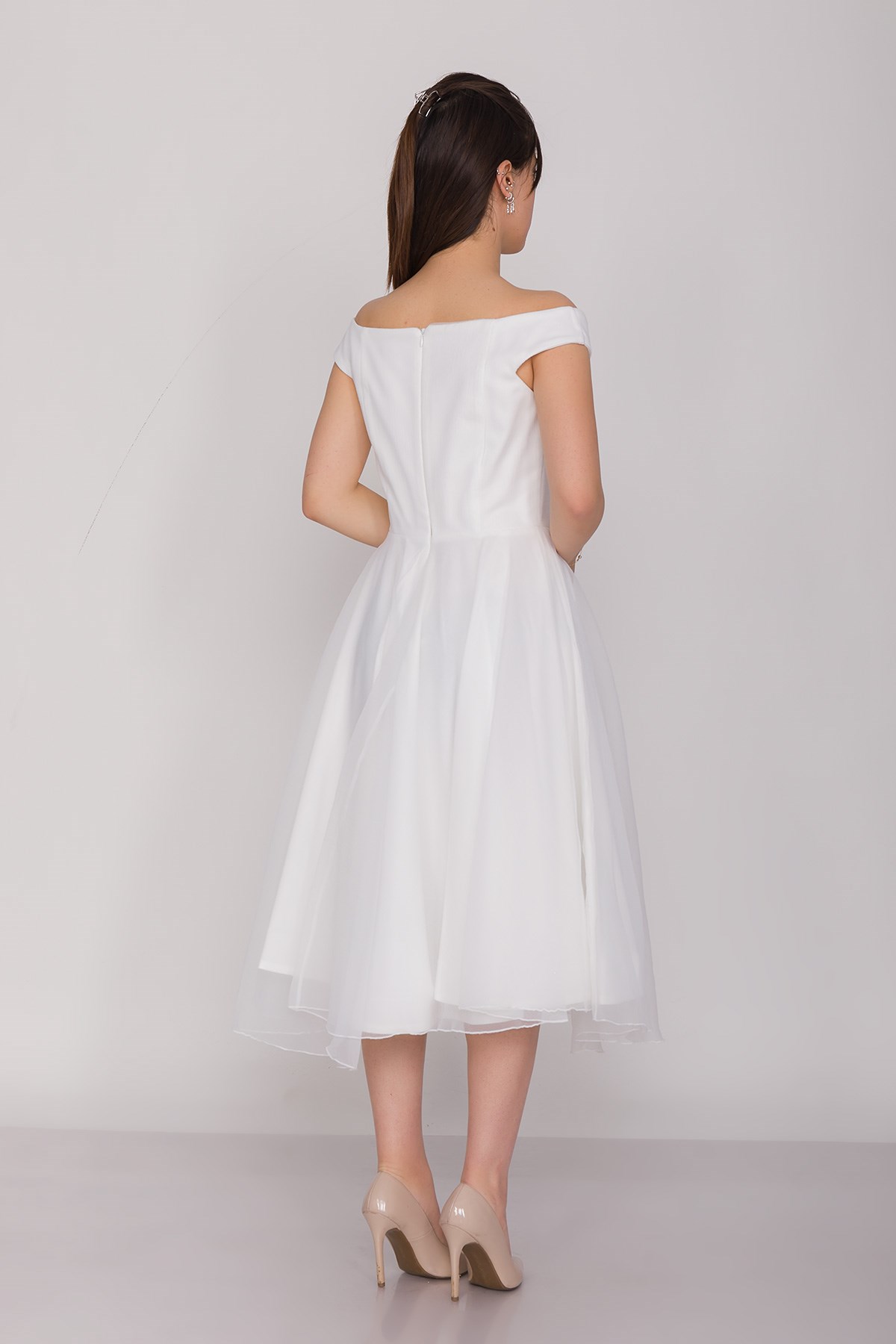 3059 Kayık Yaka Organze Kumaş Midiboy Çan Etek Elbise