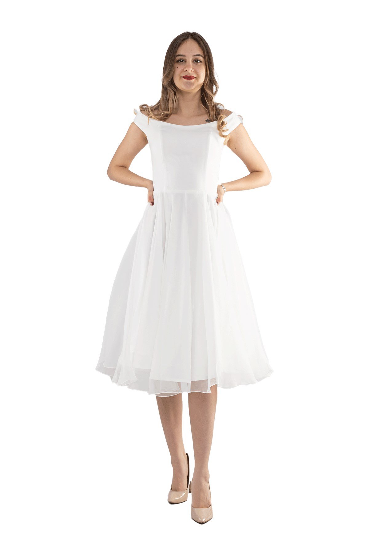 3059 Kayık Yaka Organze Kumaş Midiboy Çan Etek Elbise