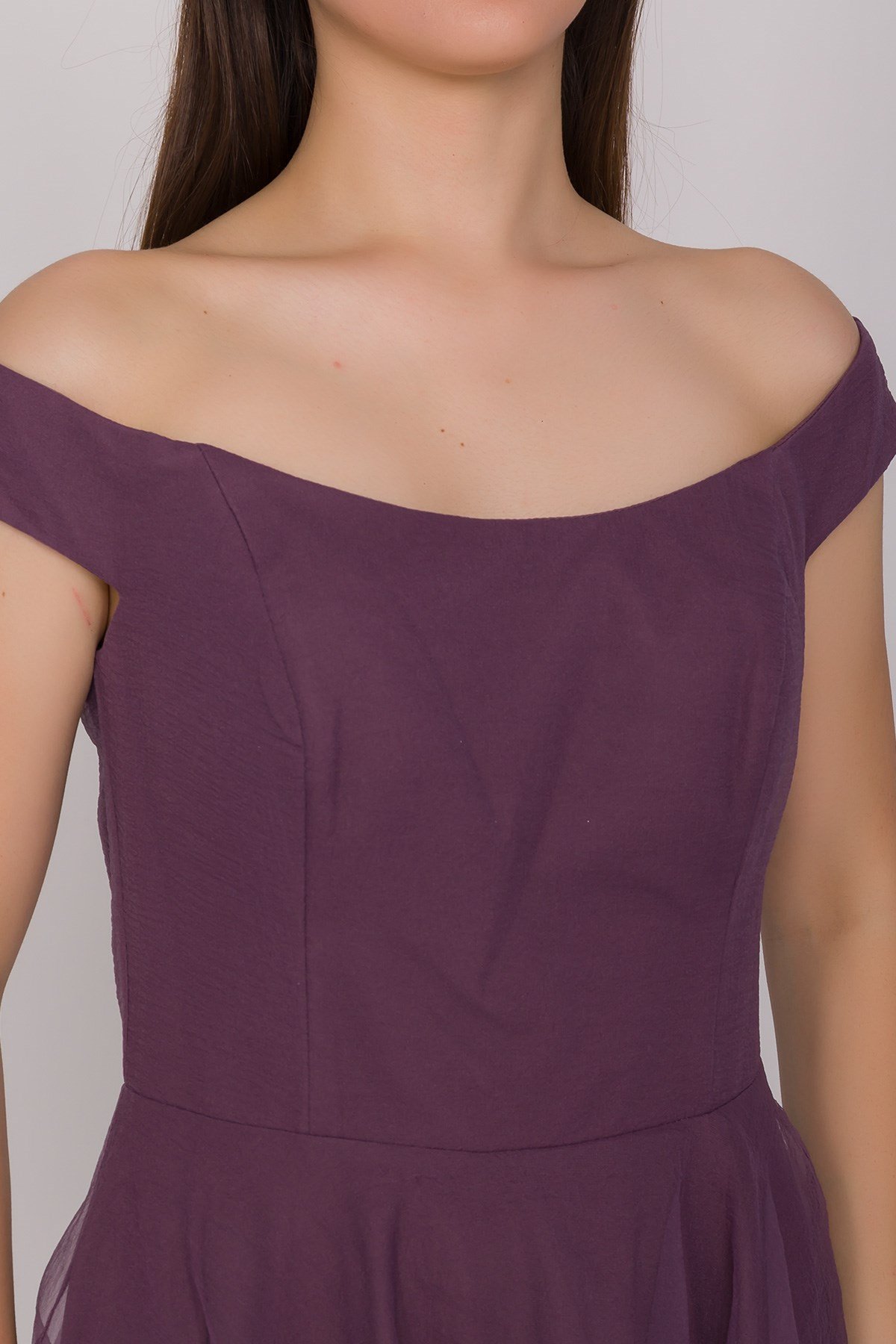 3059 Kayık Yaka Organze Kumaş Midiboy Çan Etek Elbise