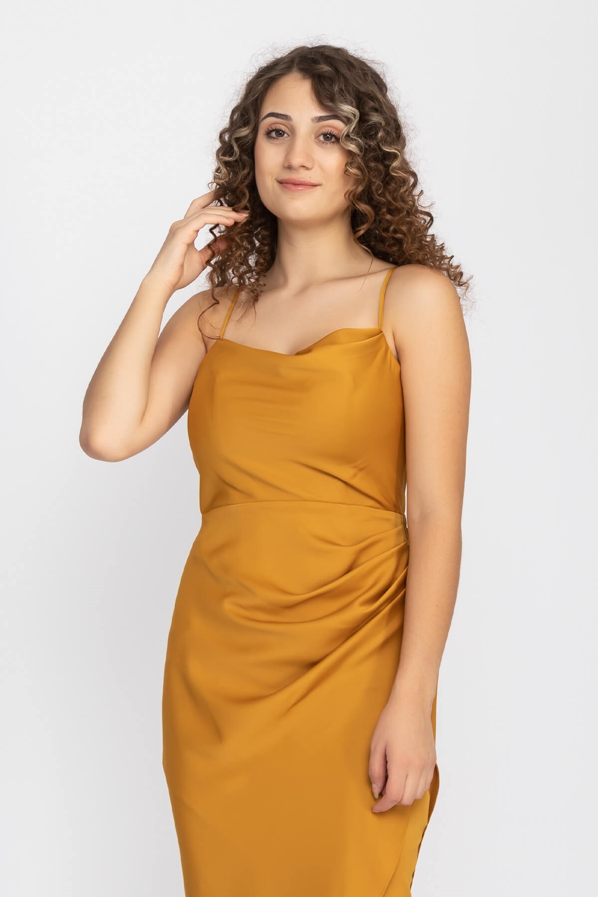 3060 KB İp Askılı Yanı Drape Önü Kapaklı Midiboy Kısa Elbise