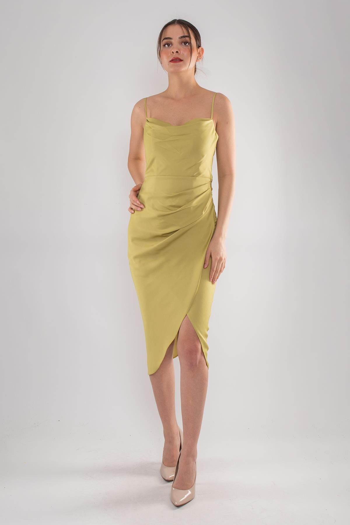 3060 KB İp Askılı Yanı Drape Önü Kapaklı Midiboy Kısa Elbise