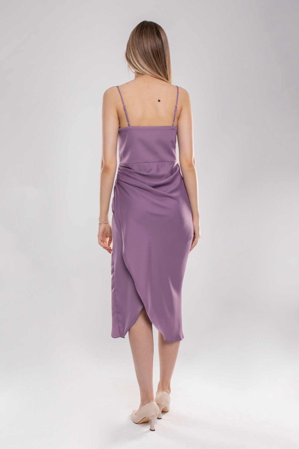 3060 KB İp Askılı Yanı Drape Önü Kapaklı Midiboy Kısa Elbise