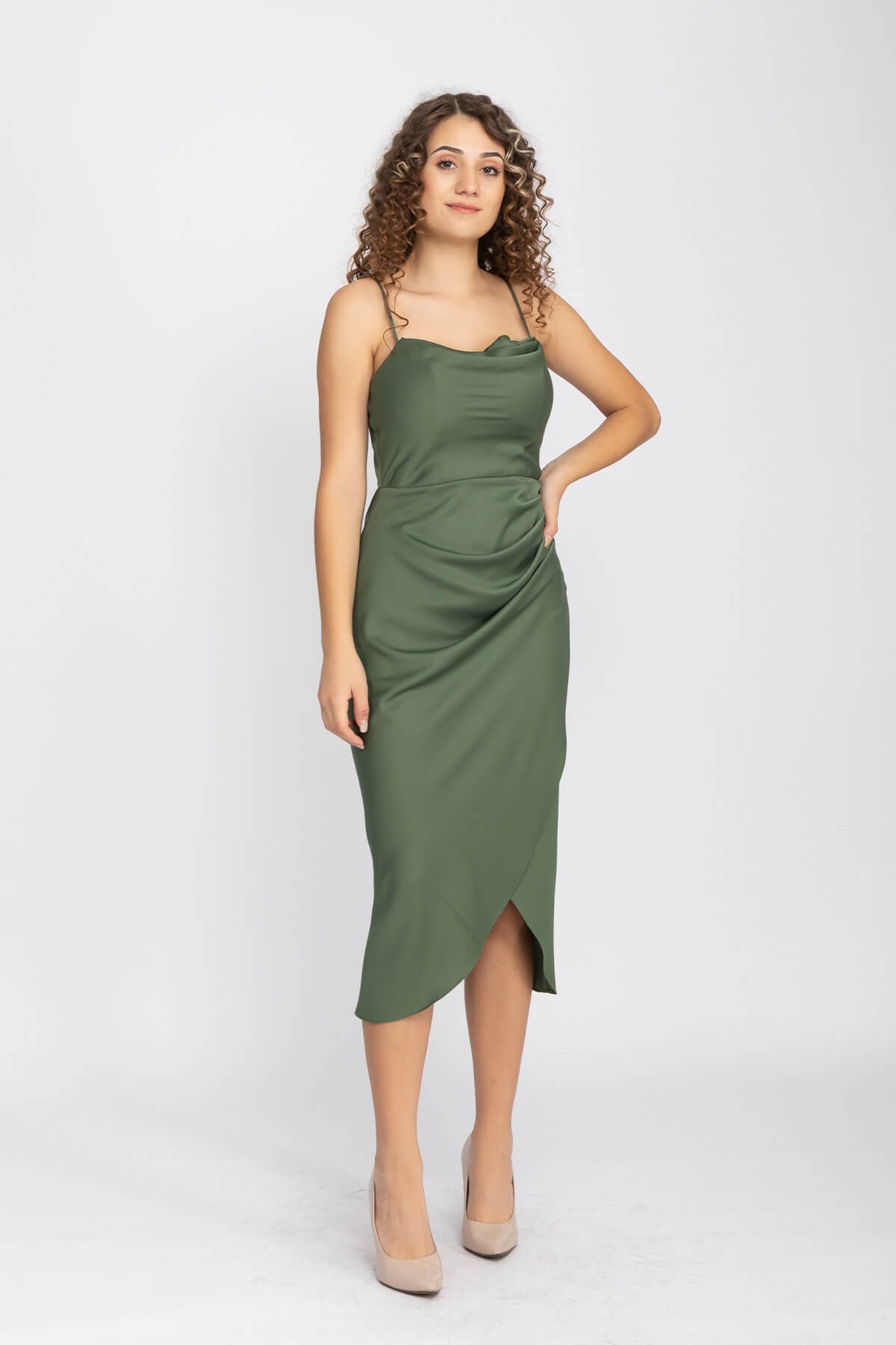 3060 KB İp Askılı Yanı Drape Önü Kapaklı Midiboy Kısa Elbise