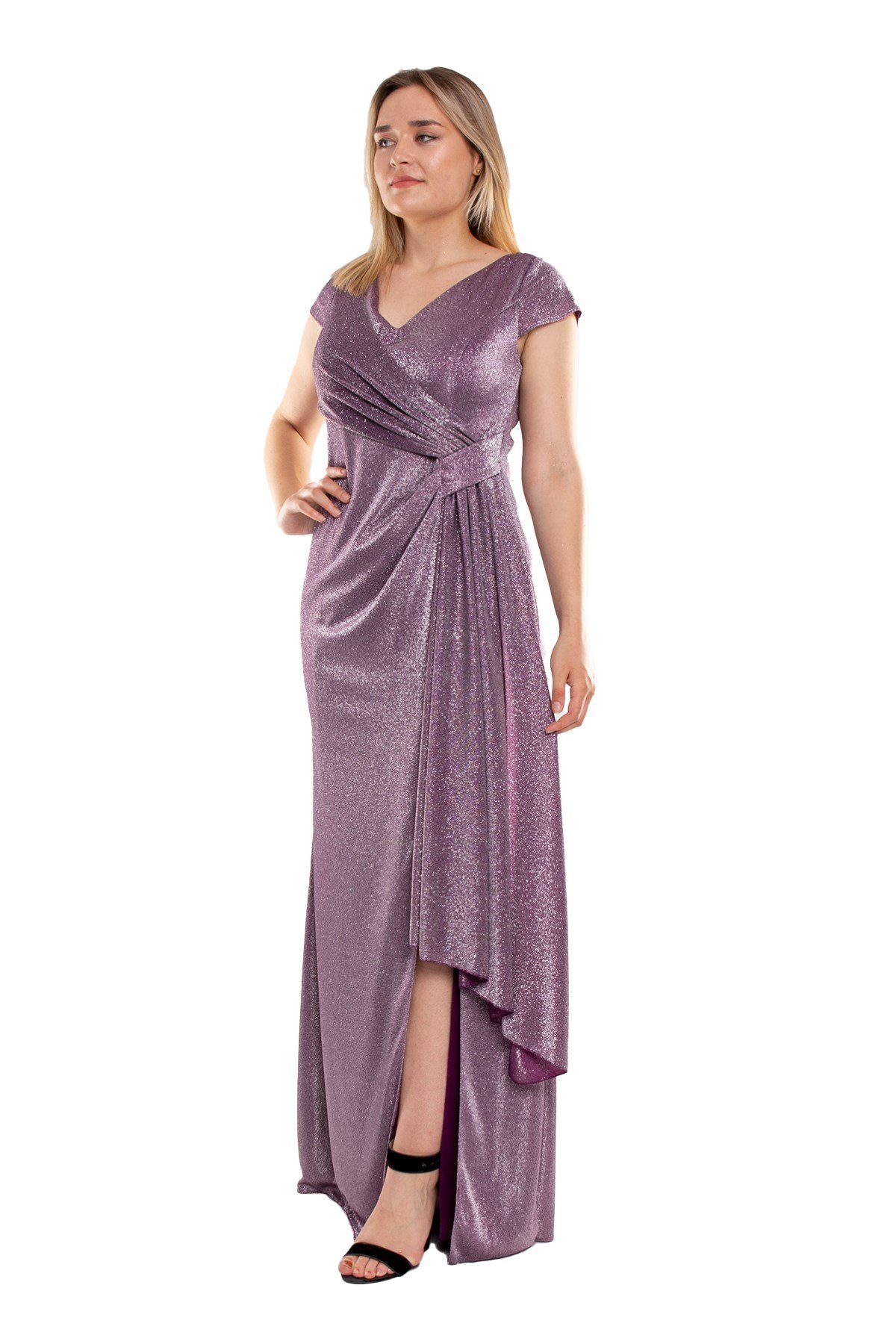 3104 Battal Beden Simli Önü Geçmeli Derin Vyaka Kısa Kol Uzun Elbise