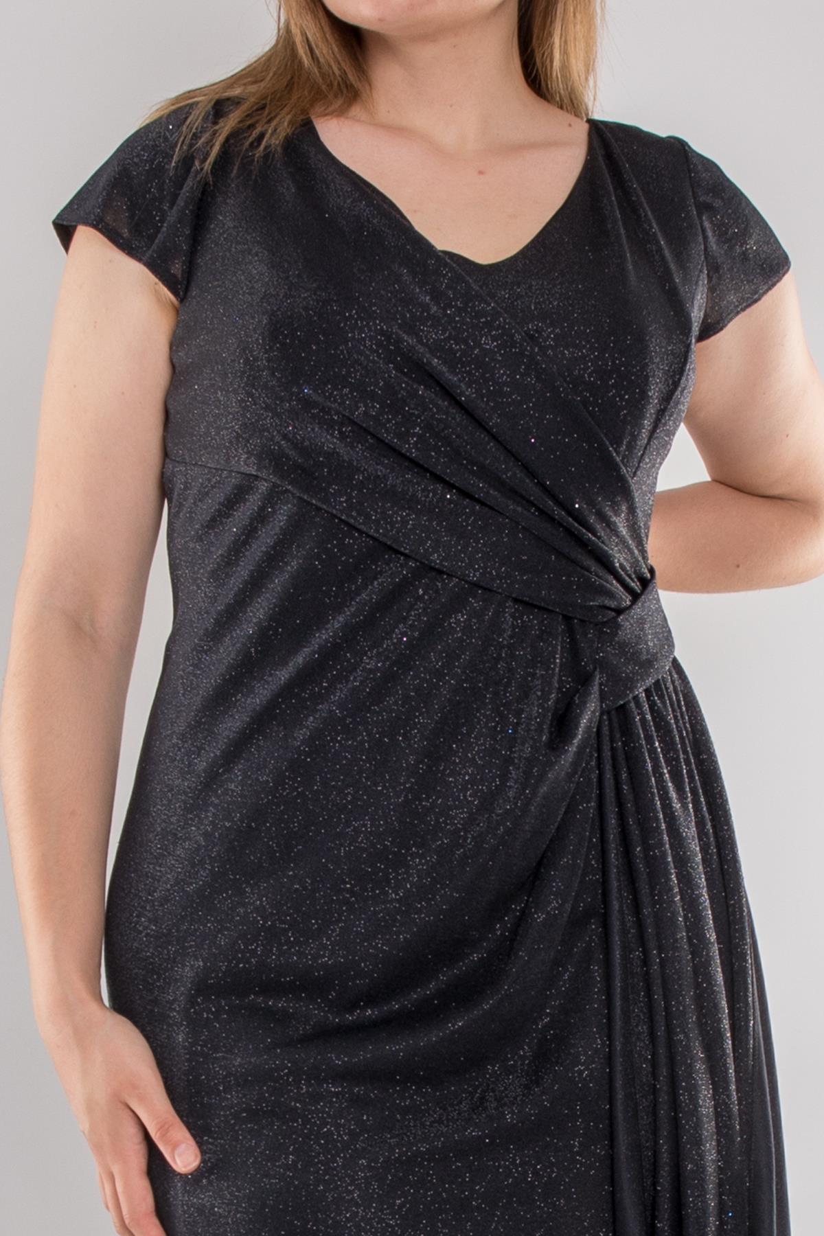 3104 Battal Beden Simli Önü Geçmeli Derin Vyaka Kısa Kol Uzun Elbise