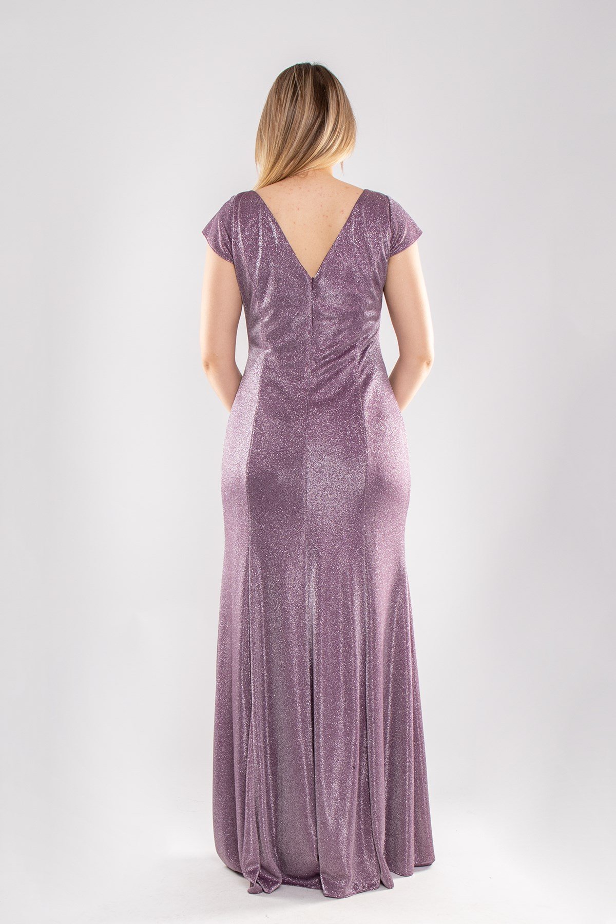 3104 Battal Beden Simli Önü Geçmeli Derin Vyaka Kısa Kol Uzun Elbise