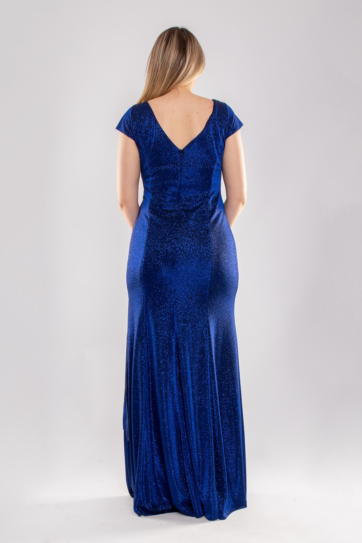 3104 Battal Beden Simli Önü Geçmeli Derin Vyaka Kısa Kol Uzun Elbise