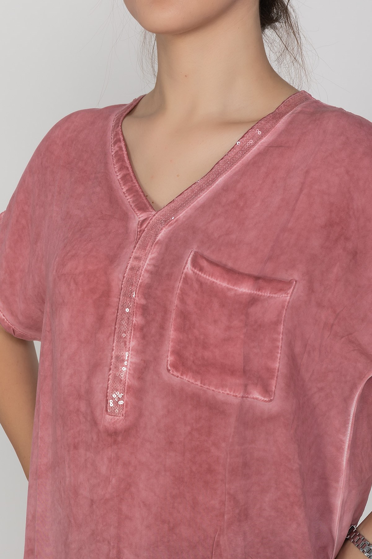 314 KB Yaka Pullu Yakma Keten Kısa Kol Bluz