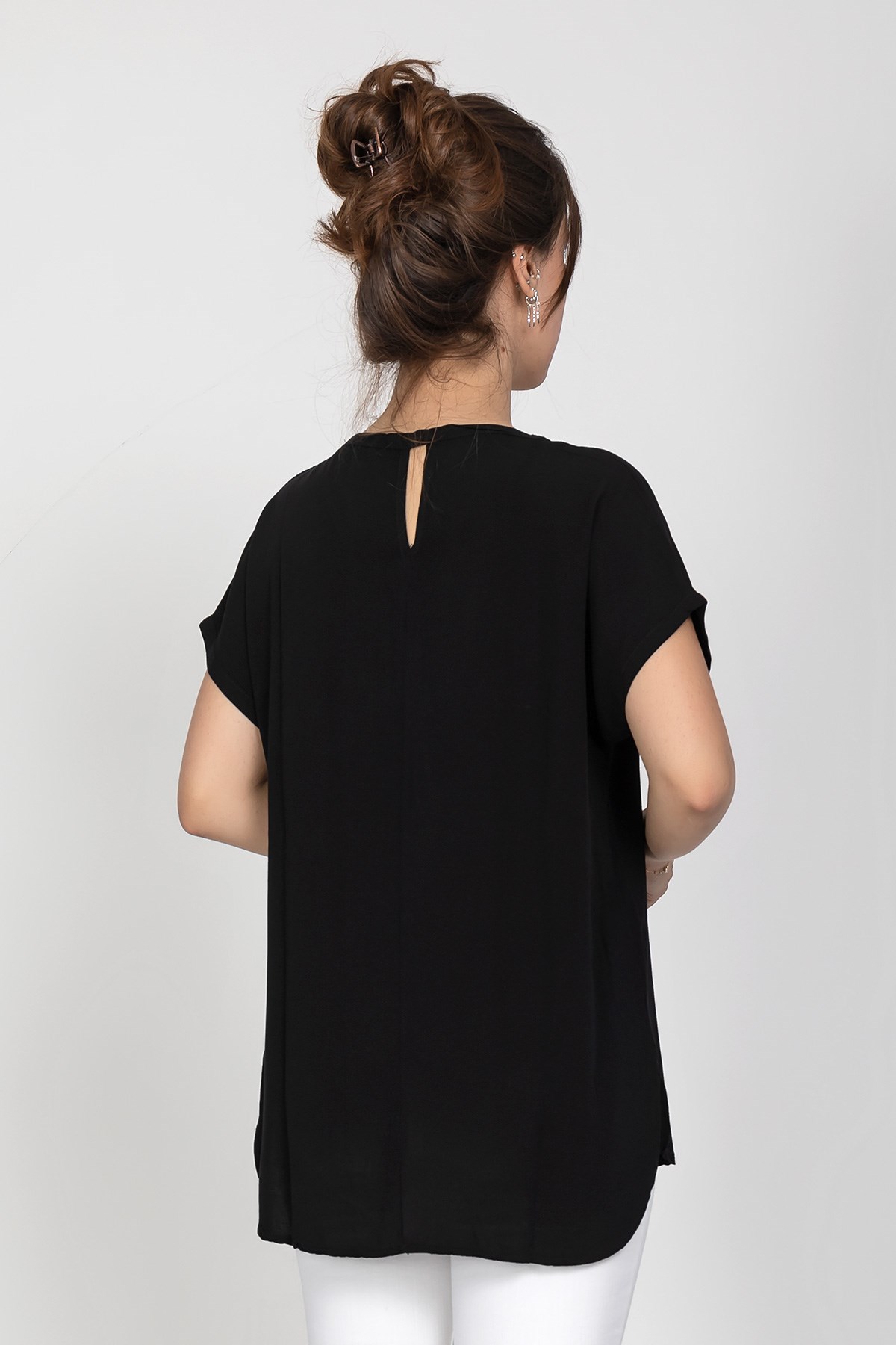 314 KB Yaka Pullu Yakma Keten Kısa Kol Bluz