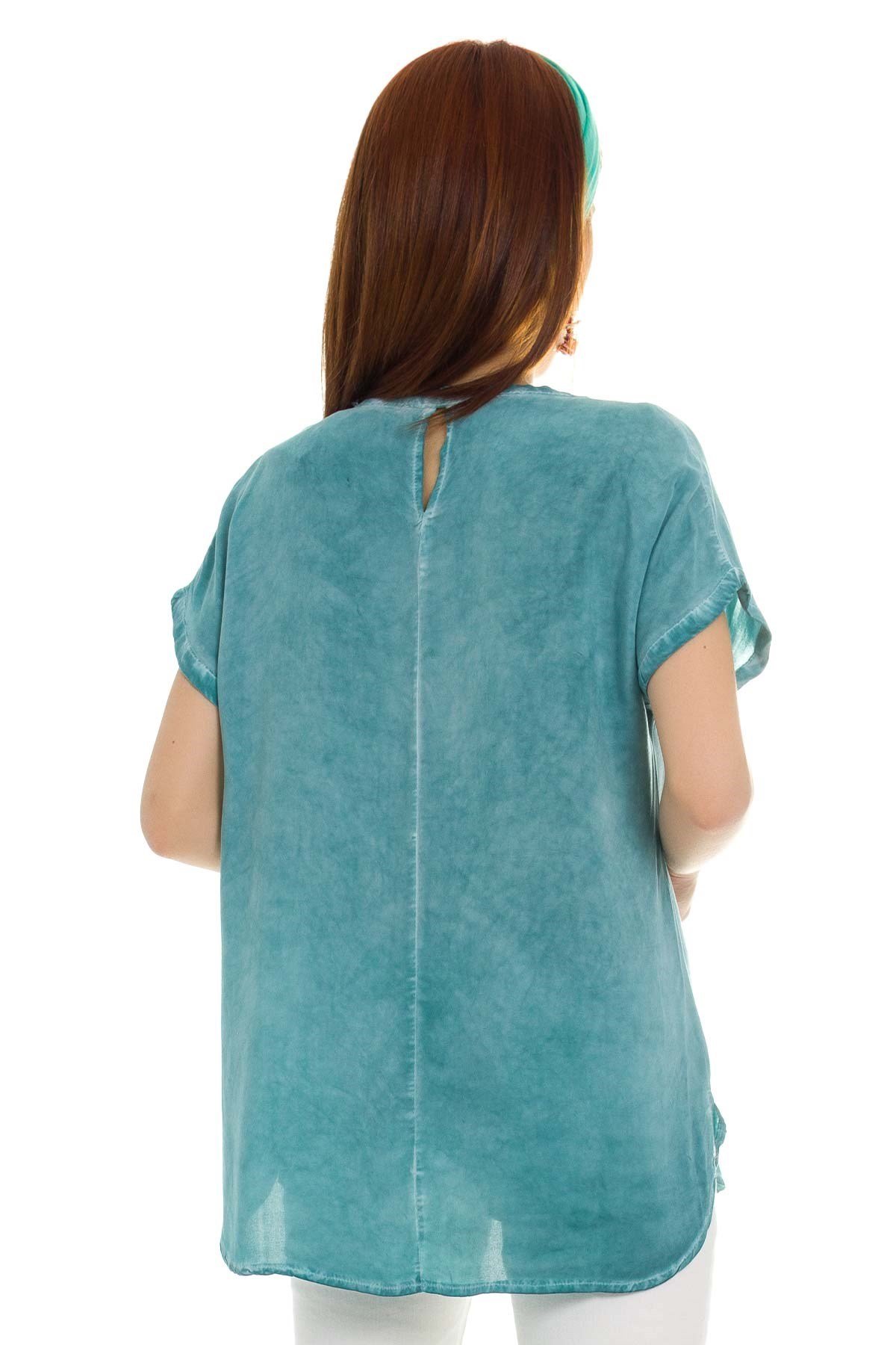 314 KB Yaka Pullu Yakma Keten Kısa Kol Bluz