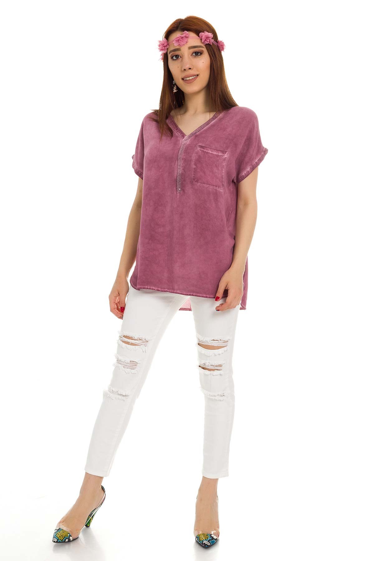 314 KB Yaka Pullu Yakma Keten Kısa Kol Bluz