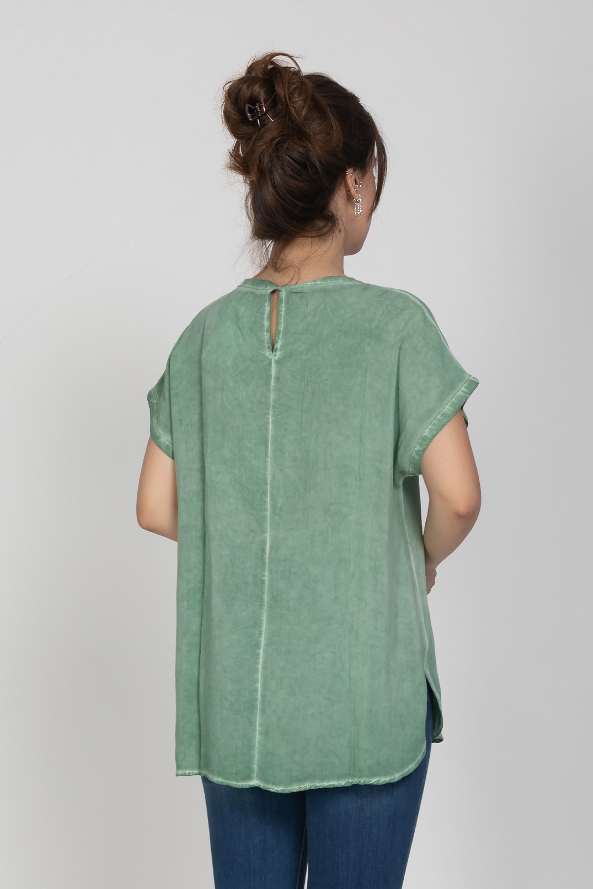 314 KB Yaka Pullu Yakma Keten Kısa Kol Bluz