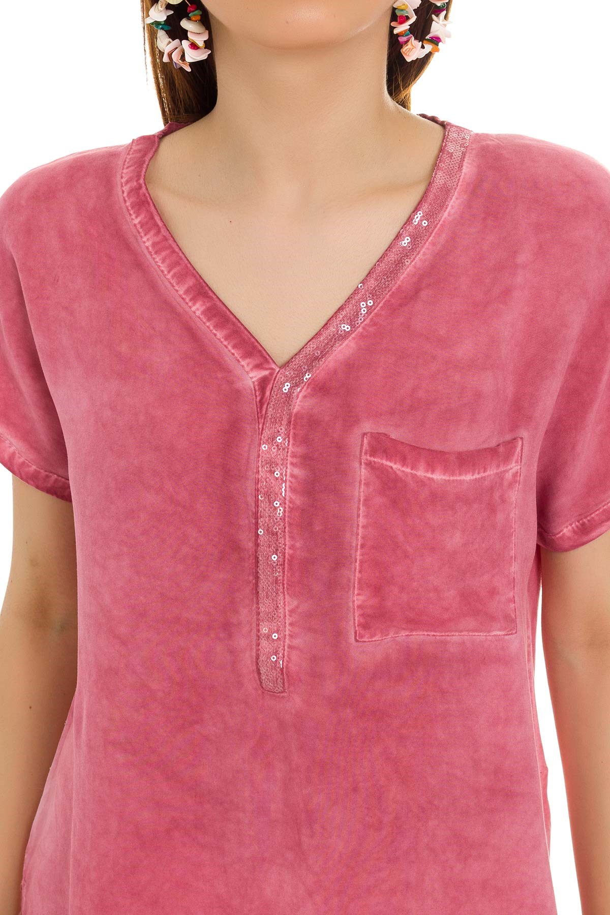 314 KB Yaka Pullu Yakma Keten Kısa Kol Bluz