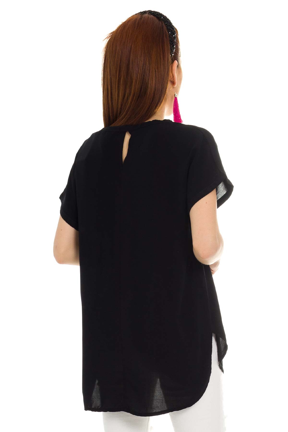 314 KB Yaka Pullu Yakma Keten Kısa Kol Bluz